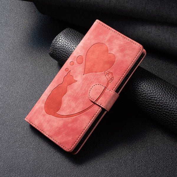 Pen Heart Cat Embossed Leather Phone Case