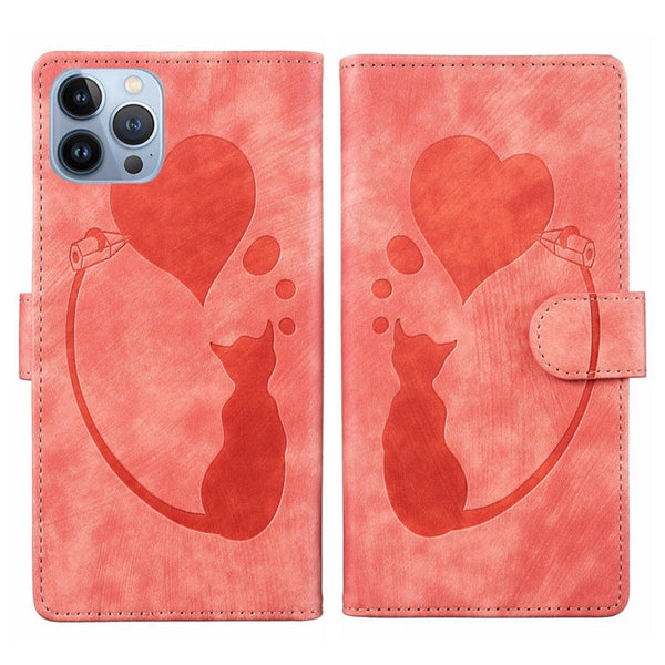 Pen Heart Cat Embossed Leather Phone Case