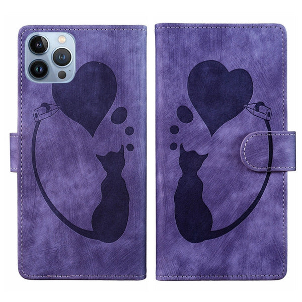 Pen Heart Cat Embossed Leather Phone Case