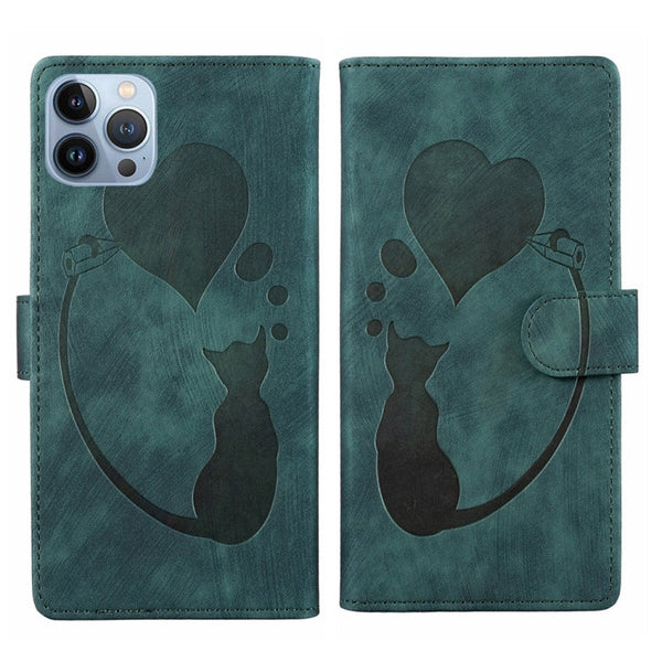 Pen Heart Cat Embossed Leather Phone Case