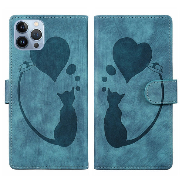 Pen Heart Cat Embossed Leather Phone Case