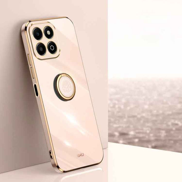 XINLI Straight 6D Plating Gold Edge TPU Shockproof Case with Ring Holder, For Honor Play 60 Plus, For Honor X6b, For Honor 200