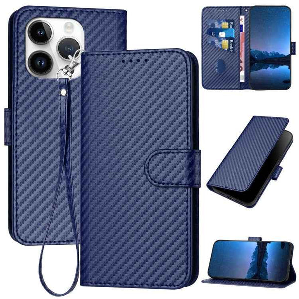 YX0070 Carbon Fiber Buckle Leather Phone Case with Lanyard, For iPhone 15 Pro Max, For iPhone 15 Pro, For iPhone 15 Plus