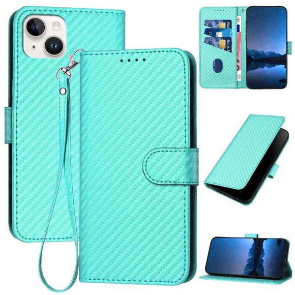 YX0070 Carbon Fiber Buckle Leather Phone Case with Lanyard, For iPhone 15 Pro Max, For iPhone 15 Pro, For iPhone 15 Plus