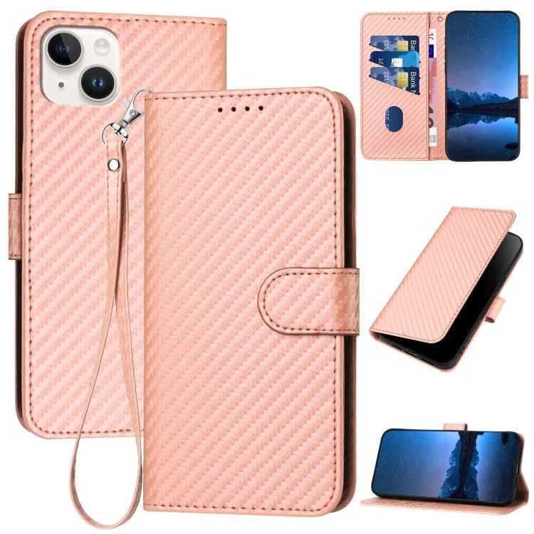 YX0070 Carbon Fiber Buckle Leather Phone Case with Lanyard, For iPhone 15 Pro Max, For iPhone 15 Pro, For iPhone 15 Plus