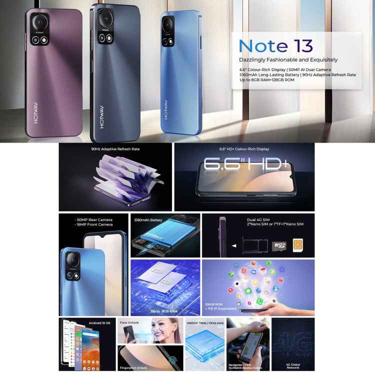 HOTWAV Note 13, Side Fingerprint Identification, 6.6 inch Android 13 T606 Octa Core up to 1.6GHz, Network: 4G, OTG, 4GB+128GB