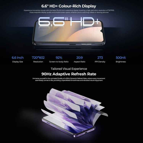 HOTWAV Note 13, Side Fingerprint Identification, 6.6 inch Android 13 T606 Octa Core up to 1.6GHz, Network: 4G, OTG, 4GB+128GB