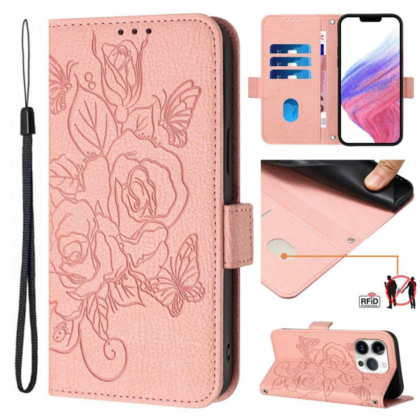Embossed Rose RFID Anti-theft Leather Phone Case