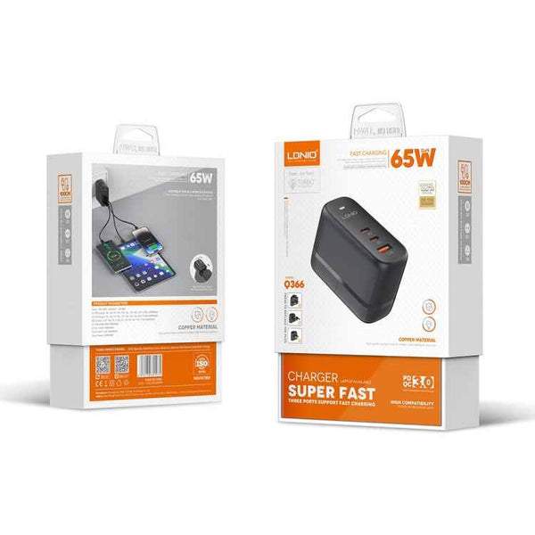LDNIO Q366 65W USB + Dual Type-C Port Charger with 1m USB-C / Type-C to USB-C / Type-C Data Cable, Plug Type:EU Plug(Black)