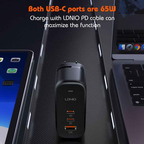 LDNIO Q366 65W USB + Dual Type-C Port Charger with 1m USB-C / Type-C to USB-C / Type-C Data Cable, Plug Type:EU Plug(Black)
