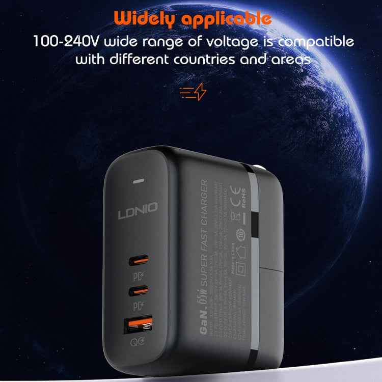 LDNIO Q366 65W USB + Dual Type-C Port Charger with 1m USB-C / Type-C to USB-C / Type-C Data Cable, Plug Type:EU Plug(Black)