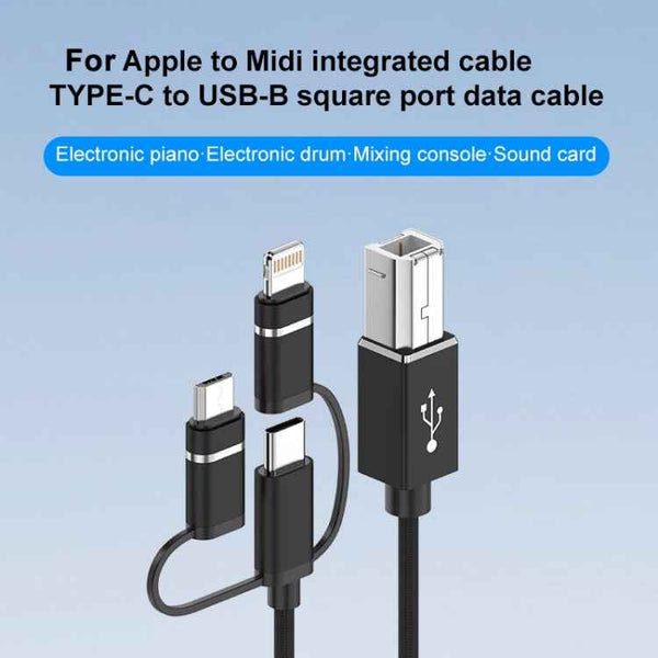 3 in 1 8 Pin, Type-C, Micro USB to USB-B MIDI Instruments Printer Cable, Length: 1m, Length:1m(Black)