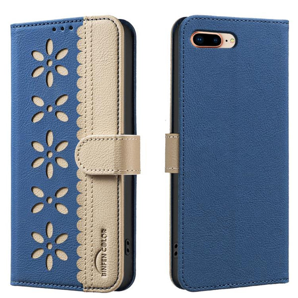 Splicing Color Hollow Flower Pattern RFID Leather Phone Case