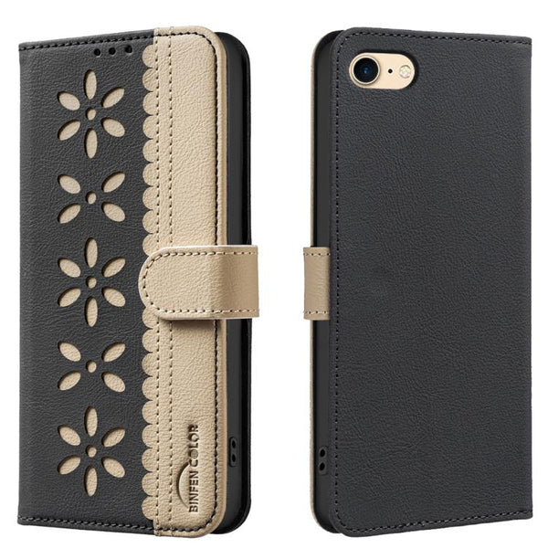 Splicing Color Hollow Flower Pattern RFID Leather Phone Case
