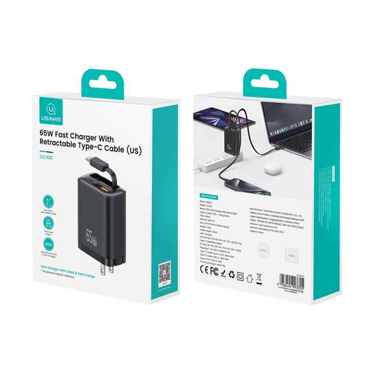 USAMS CC300 65W Fast Charger With Retractable USB-C / Type-C Cable, US Plug