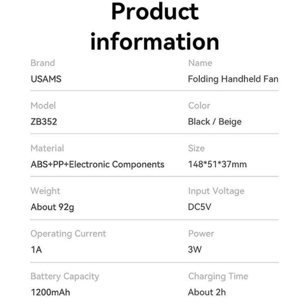 USAMS ZB352 Digital Display Folding Handheld Mini Fan