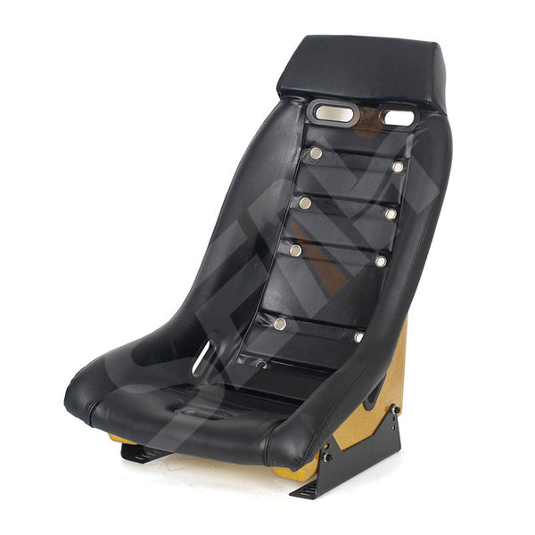 Pair of (x2) Universal Retro Classic Blade Runner Studded Speedster American Muscle Bucket Seats in Black Synth Cushioned Leather with Metal Flake Gold Hard Back with base mounted slide runners