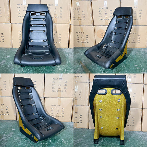 Pair of (x2) Universal Retro Classic Blade Runner Studded Speedster American Muscle Bucket Seats in Black Synth Cushioned Leather with Metal Flake Gold Hard Back with base mounted slide runners