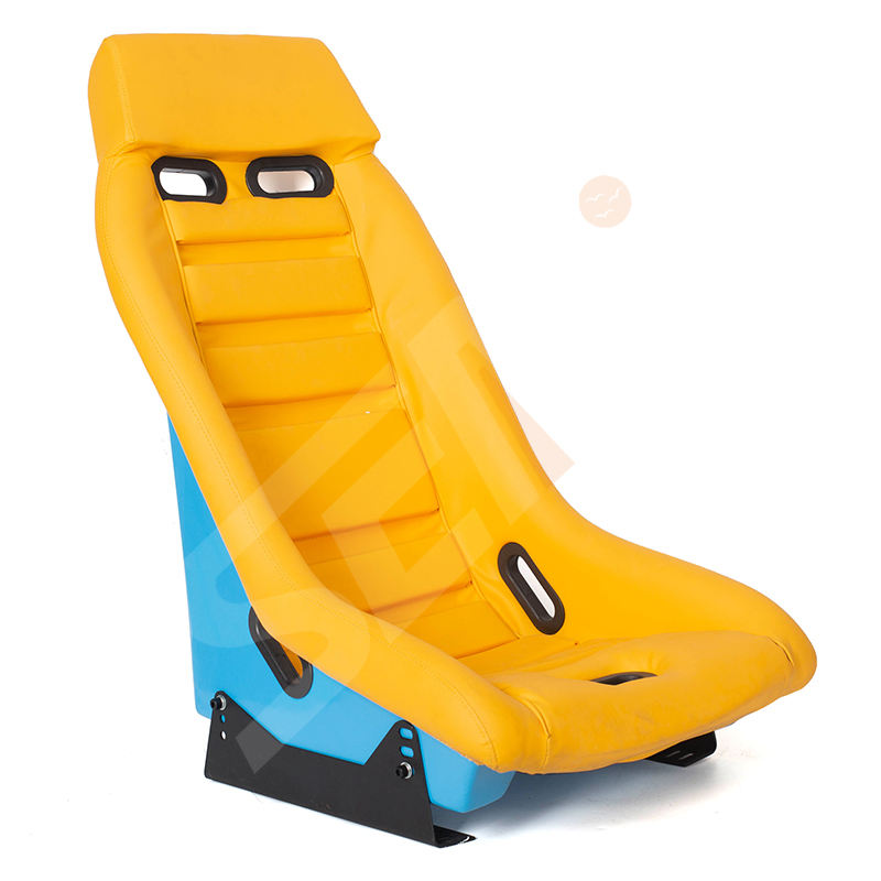 Pair of (x2) Universal Retro Classic Blade Runner American Muscle Bucket Seats in Yellow Synth Cushioned Leather with Bright Blue Hard Back with base mounted slide runners