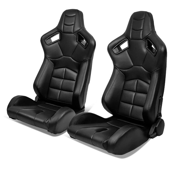JIABEIR 9010 Pair of (x2) Universal Black Quilted Luxe Leather Bucket Racing Seats with base mounted slide runners