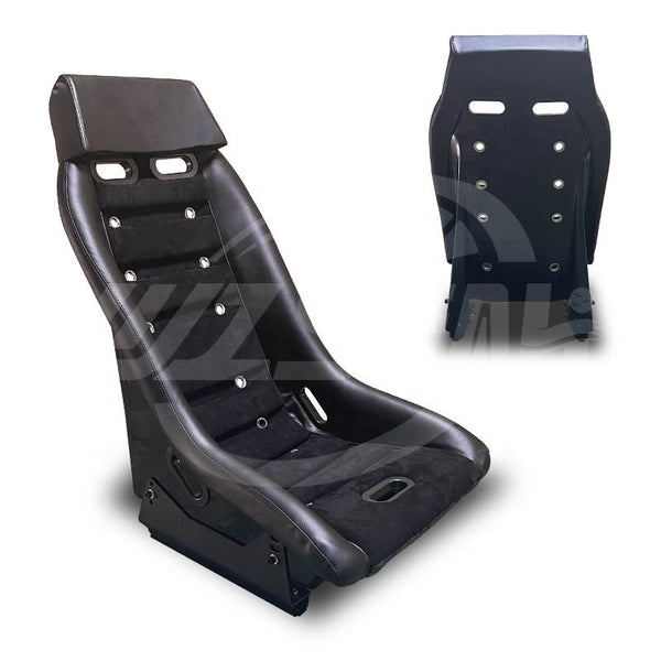 Pair of (x2) Universal Retro Classic Blade Runner Studded Speedster American Muscle Bucket Seats in Black Synth Cushioned Leather with Hard Back with base mounted slide runners