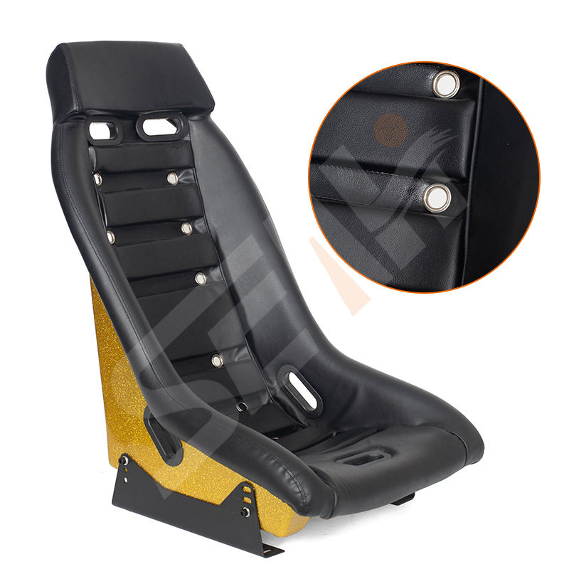 Pair of (x2) Universal Retro Classic Blade Runner Studded Speedster American Muscle Bucket Seats in Black Synth Cushioned Leather with Metal Flake Gold Hard Back with base mounted slide runners