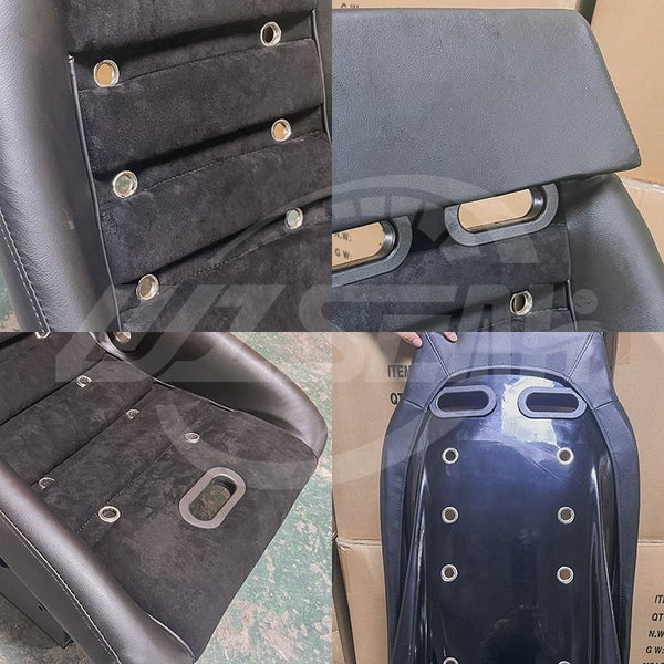 Pair of (x2) Universal Retro Classic Blade Runner Studded Speedster American Muscle Bucket Seats in Black Synth Cushioned Leather with Hard Back with base mounted slide runners