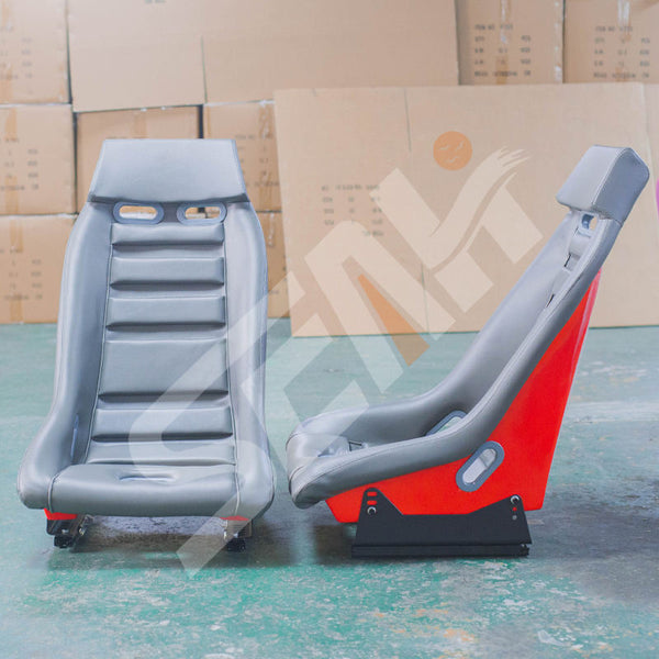 Pair of (x2) Universal Retro Classic Blade Runner American Muscle Bucket Seats in Grey Synth Cushioned Leather with Red Hard Back with base mounted slide runners