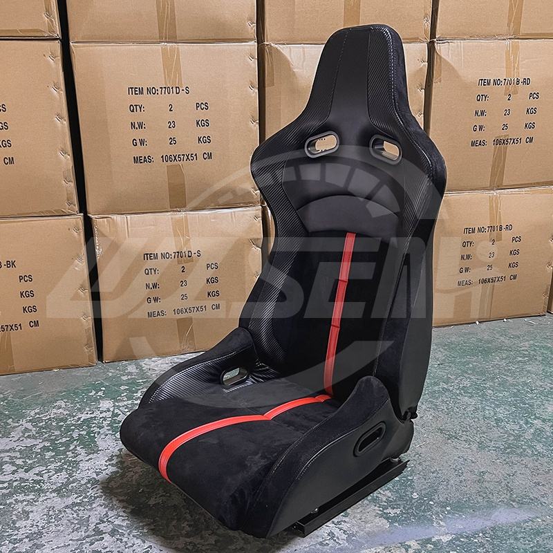 Pair of (x2) Universal Black Synthetic Leather Red Stripe Suede Alcantara & Carbon Sports Street Race Bucket Seats with base mounted slide runners