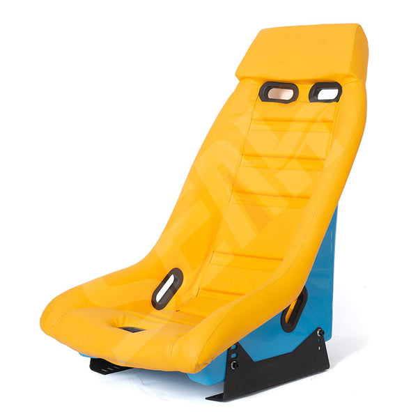 Pair of (x2) Universal Retro Classic Blade Runner American Muscle Bucket Seats in Yellow Synth Cushioned Leather with Bright Blue Hard Back with base mounted slide runners