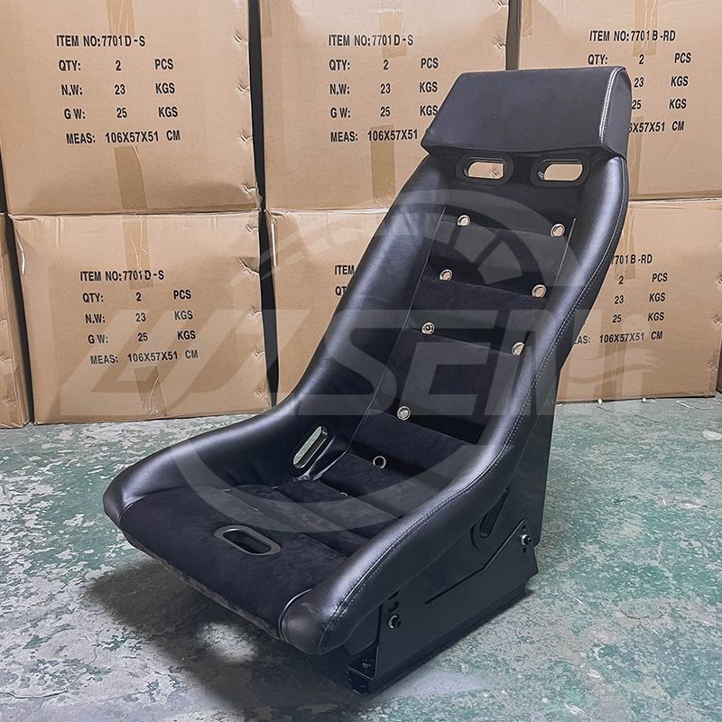 Pair of (x2) Universal Retro Classic Blade Runner Studded Speedster American Muscle Bucket Seats in Black Synth Cushioned Leather with Hard Back with base mounted slide runners