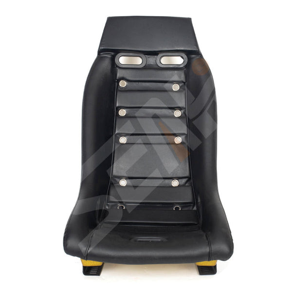 Pair of (x2) Universal Retro Classic Blade Runner Studded Speedster American Muscle Bucket Seats in Black Synth Cushioned Leather with Metal Flake Gold Hard Back with base mounted slide runners