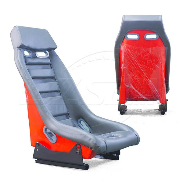 Pair of (x2) Universal Retro Classic Blade Runner American Muscle Bucket Seats in Grey Synth Cushioned Leather with Red Hard Back with base mounted slide runners