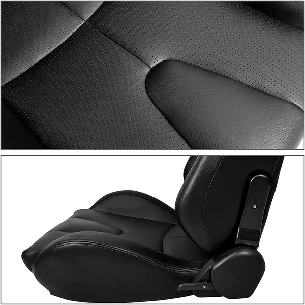 JIABEIR 9010 Pair of (x2) Universal Black Quilted Luxe Leather Bucket Racing Seats with base mounted slide runners