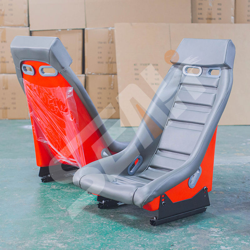 Pair of (x2) Universal Retro Classic Blade Runner American Muscle Bucket Seats in Grey Synth Cushioned Leather with Red Hard Back with base mounted slide runners