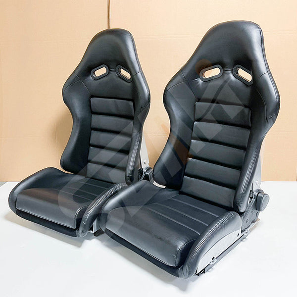 WZSEAHI Pair of x2 Universal Premium Car Bucket Seats - Black Synthetic Leather with Carbon Fiber Hard Back