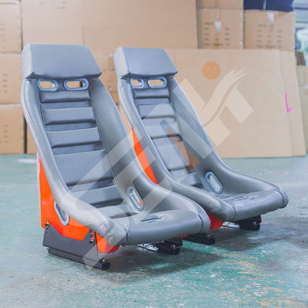 Pair of (x2) Universal Retro Classic Blade Runner American Muscle Bucket Seats in Grey Synth Cushioned Leather with Red Hard Back with base mounted slide runners