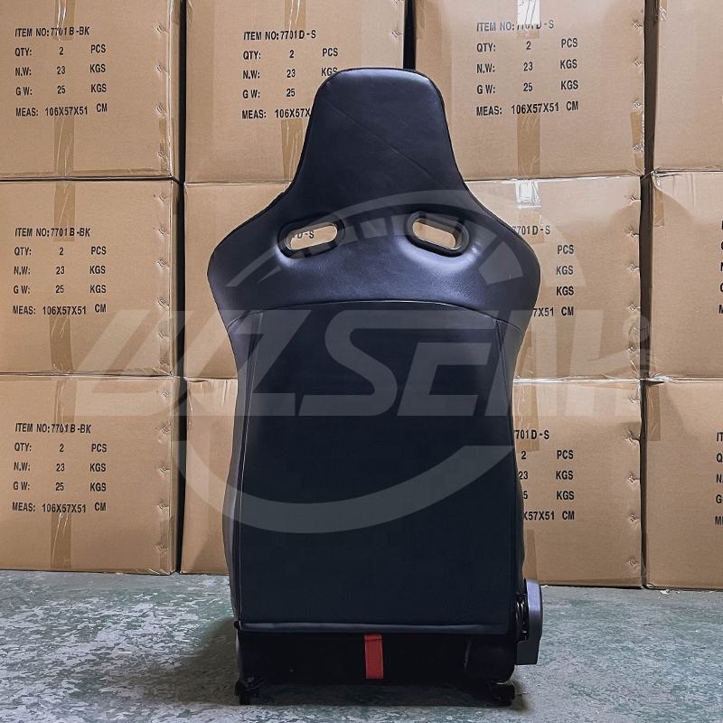 Pair of (x2) Universal Black Synthetic Leather Red Stripe Suede Alcantara & Carbon Sports Street Race Bucket Seats with base mounted slide runners