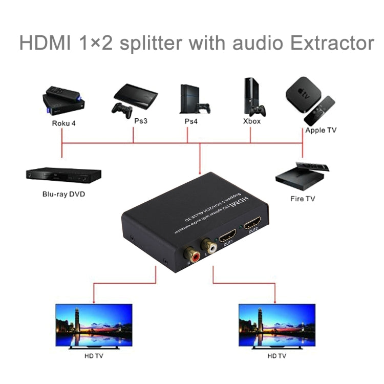 HDMI 1x2 Splitter with Audio Extractor, Support 5.1CH / 2CH, 4Kx2K, 3D, 4Kx2K with Audio Extractor