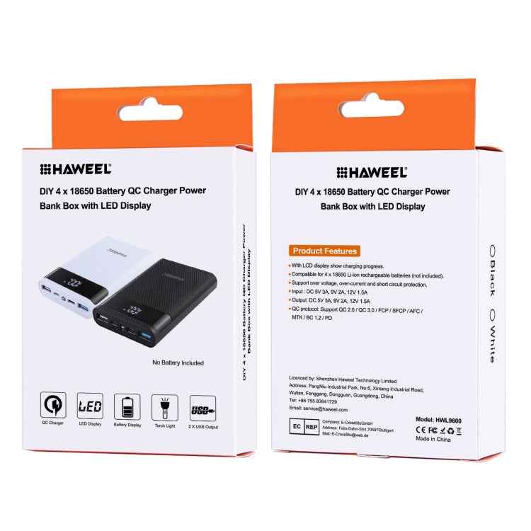 HAWEEL DIY 12000mAh 4x 18650 Battery Power Bank Shell with Dual USB Output & QC Charger (White)