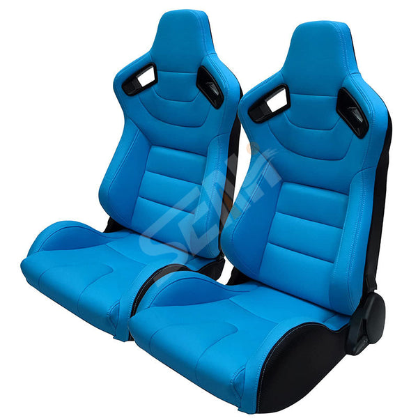 Pair of (x2) Universal Bright Light Blue Leather Sports Street Race Bucket Seats with base mounted slide runners