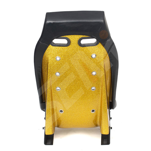 Pair of (x2) Universal Retro Classic Blade Runner Studded Speedster American Muscle Bucket Seats in Black Synth Cushioned Leather with Metal Flake Gold Hard Back with base mounted slide runners