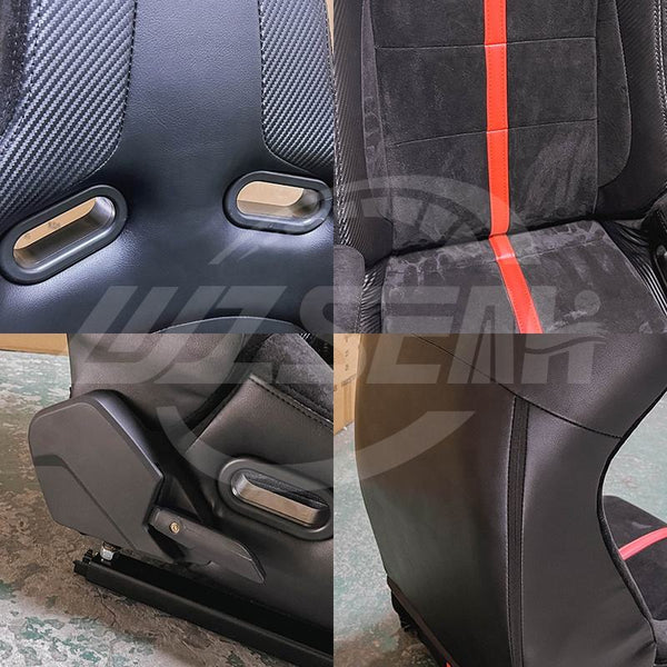 Pair of (x2) Universal Black Synthetic Leather Red Stripe Suede Alcantara & Carbon Sports Street Race Bucket Seats with base mounted slide runners