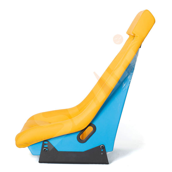 Pair of (x2) Universal Retro Classic Blade Runner American Muscle Bucket Seats in Yellow Synth Cushioned Leather with Bright Blue Hard Back with base mounted slide runners