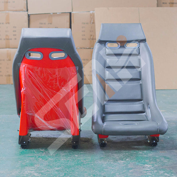 Pair of (x2) Universal Retro Classic Blade Runner American Muscle Bucket Seats in Grey Synth Cushioned Leather with Red Hard Back with base mounted slide runners