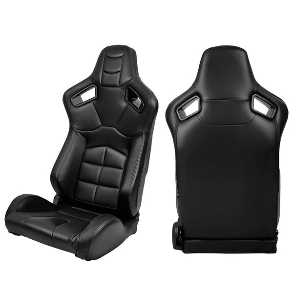 JIABEIR 9010 Pair of (x2) Universal Black Quilted Luxe Leather Bucket Racing Seats with base mounted slide runners