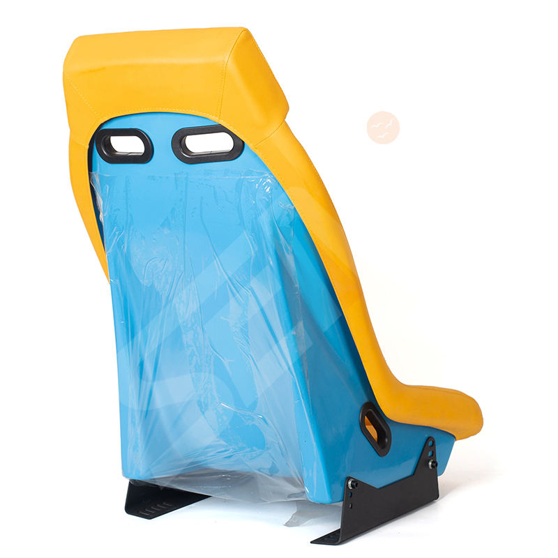 Pair of (x2) Universal Retro Classic Blade Runner American Muscle Bucket Seats in Yellow Synth Cushioned Leather with Bright Blue Hard Back with base mounted slide runners