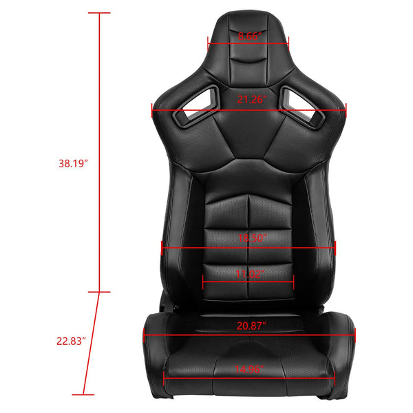 JIABEIR 9010 Pair of (x2) Universal Black Quilted Luxe Leather Bucket Racing Seats with base mounted slide runners