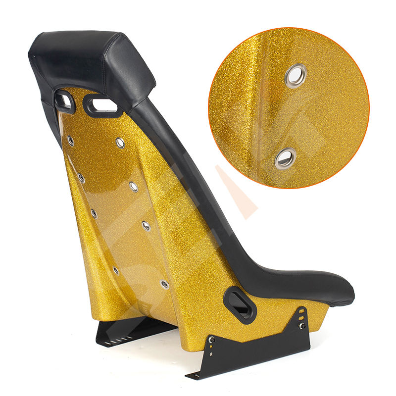 Pair of (x2) Universal Retro Classic Blade Runner Studded Speedster American Muscle Bucket Seats in Black Synth Cushioned Leather with Metal Flake Gold Hard Back with base mounted slide runners