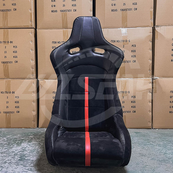 Pair of (x2) Universal Black Synthetic Leather Red Stripe Suede Alcantara & Carbon Sports Street Race Bucket Seats with base mounted slide runners